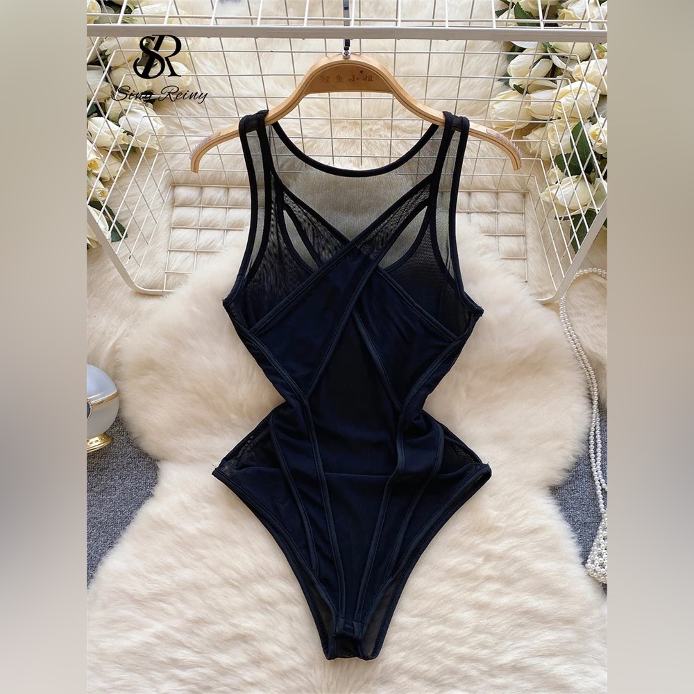 Sheer Mesh Bodysuit | Criss Cross Cutout One Piece - Picture 7 of 8
